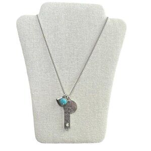 Brighton Silver Plated Charm Love Bar Turquoise Heart Tokem Charm Long Necklace